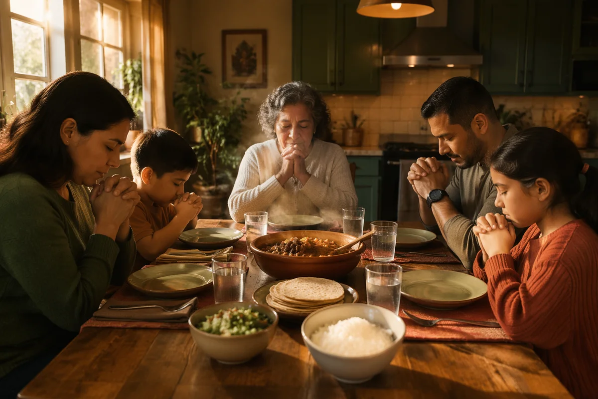 Hispanic Family Praying Before Dinner Together