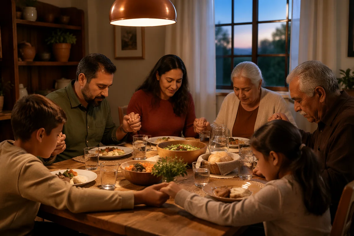 Hispanic Family Praying Before Dinner Together