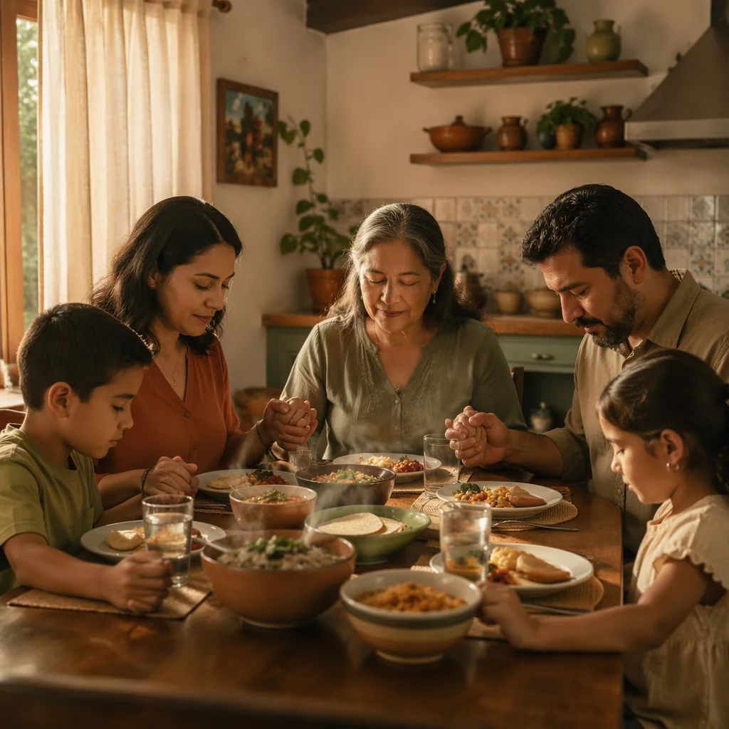 Hispanic Family Praying Before Dinner Together