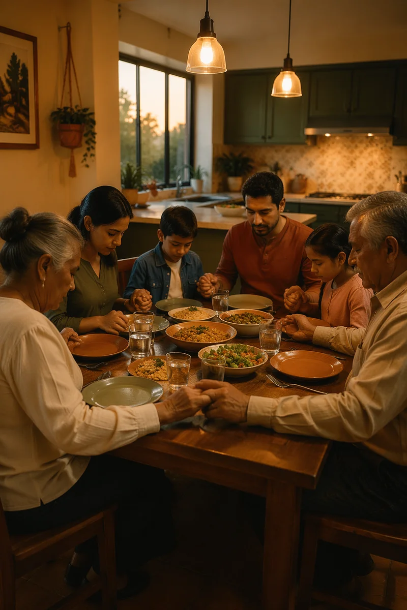 Hispanic Family Praying Before Dinner Together
