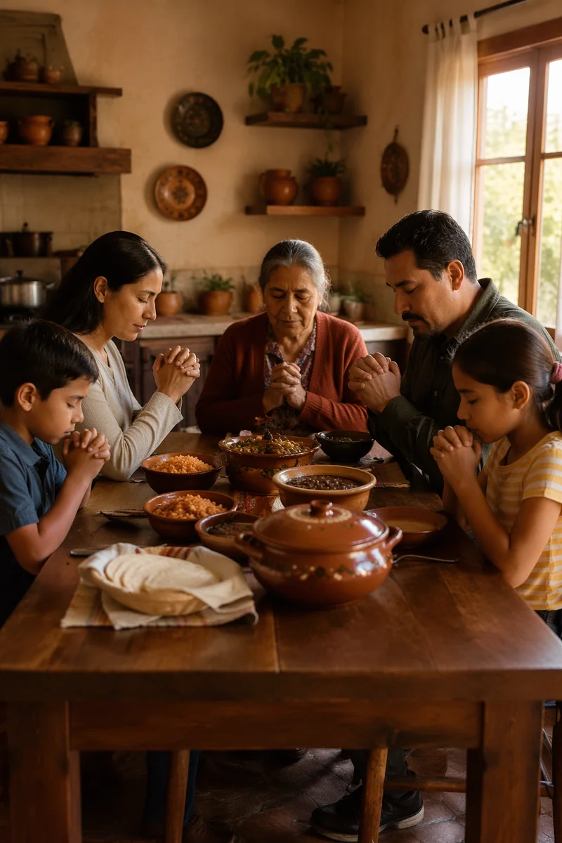 Hispanic Family Praying Before Dinner Together