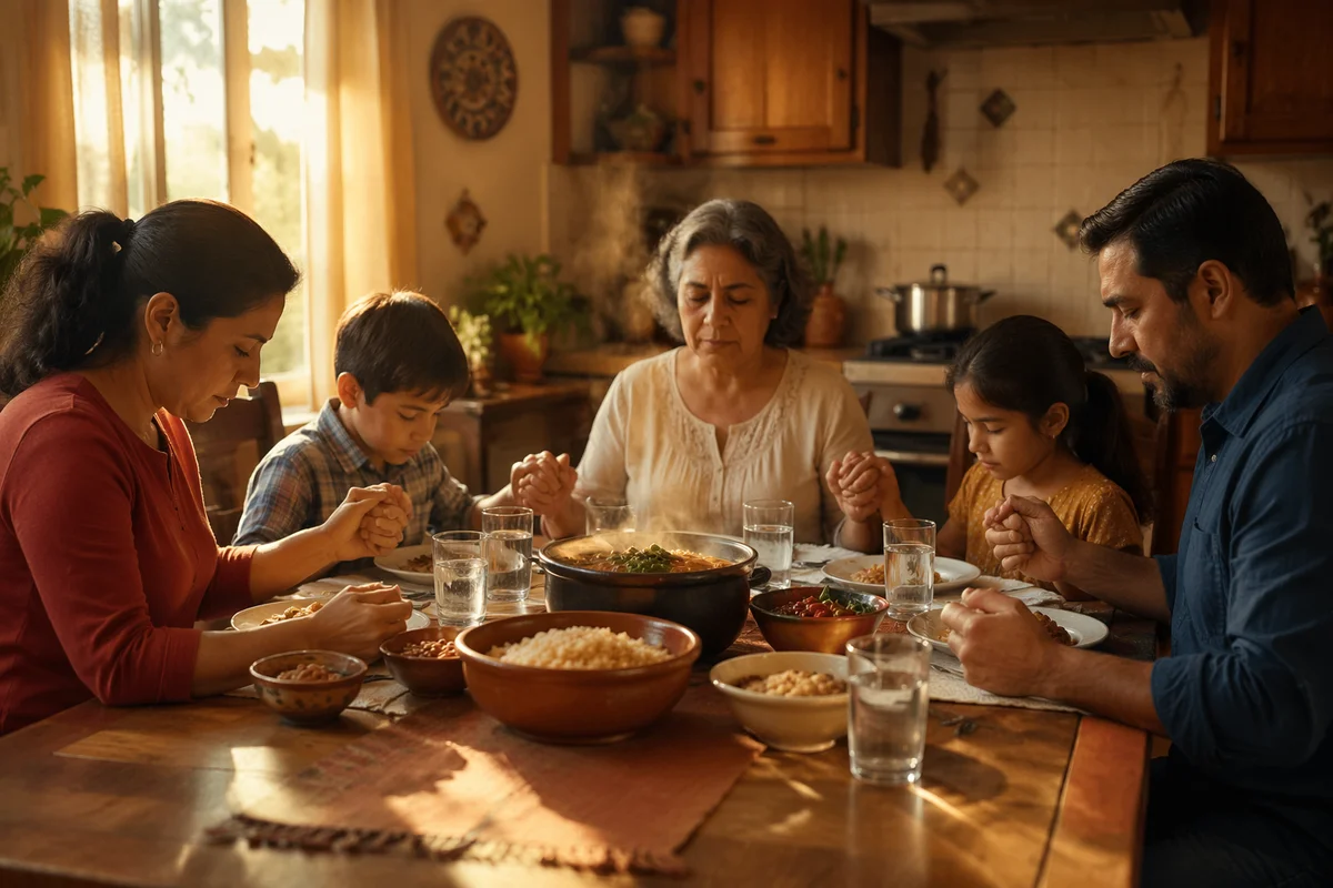 Hispanic Family Praying Before Dinner Together