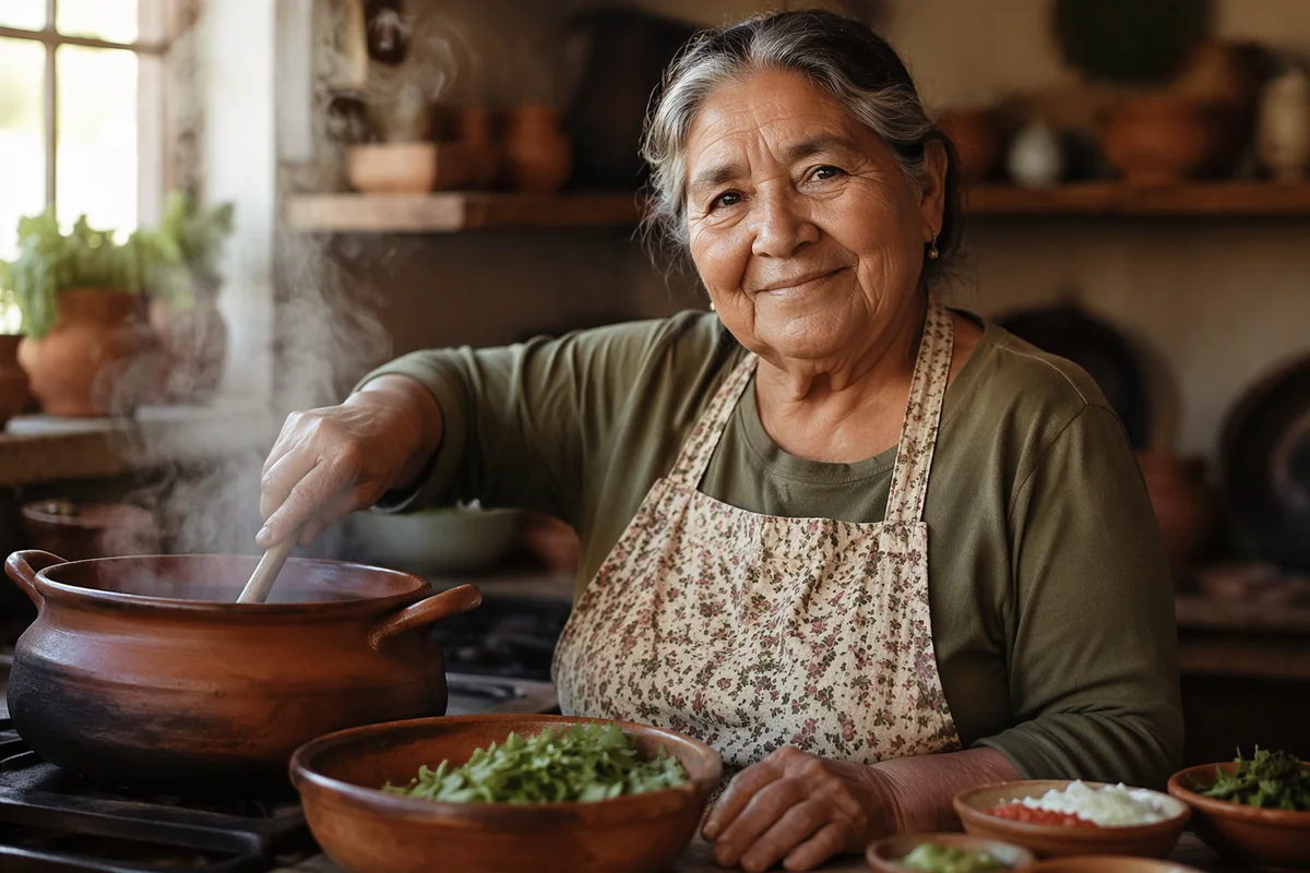 Smiling Hispanic Grandmother Cooking in Kitchen