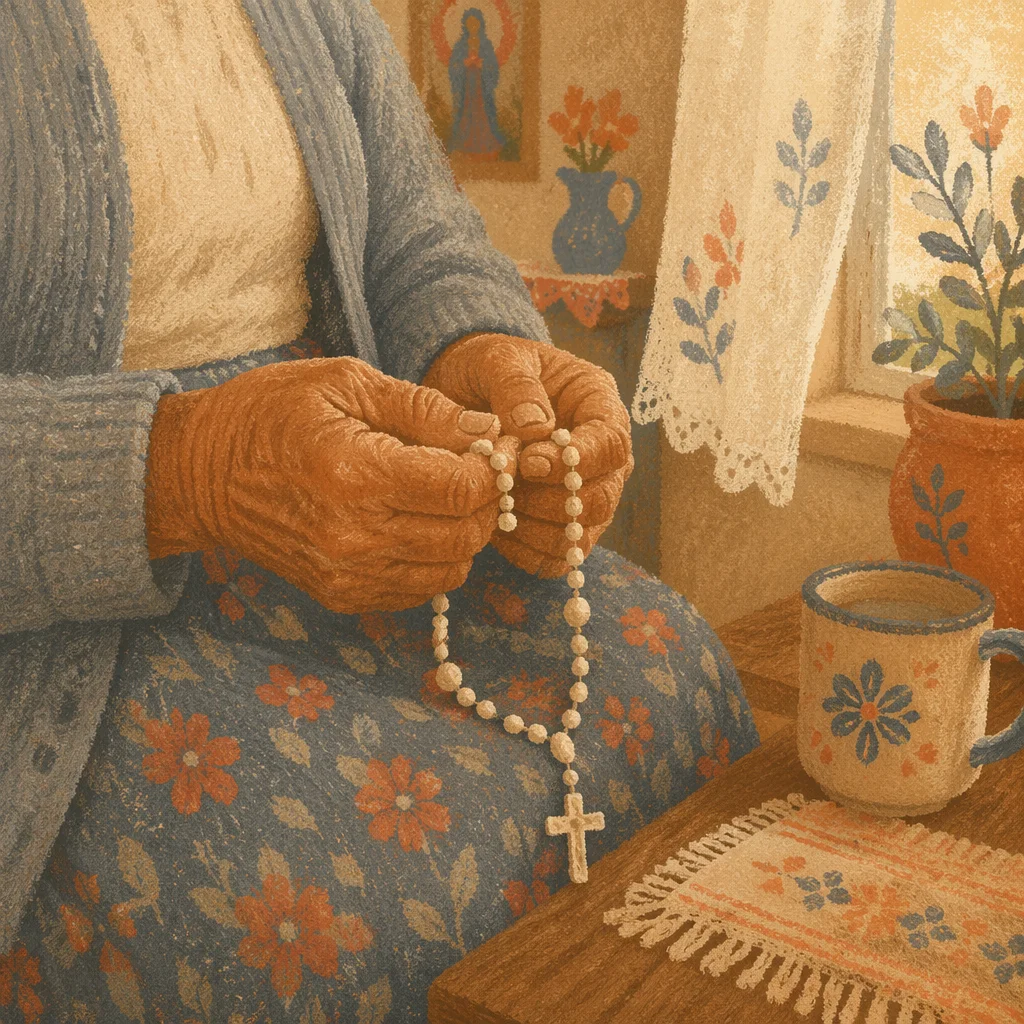 Devoted Grandmother Holding Rosary in Morning Light