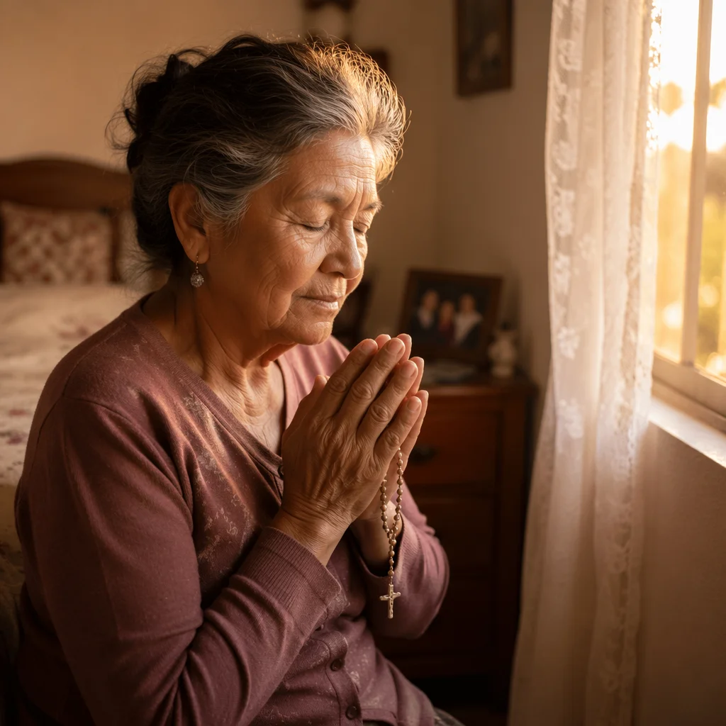 Hispanic Grandmother Praying with Rosary at Dawn