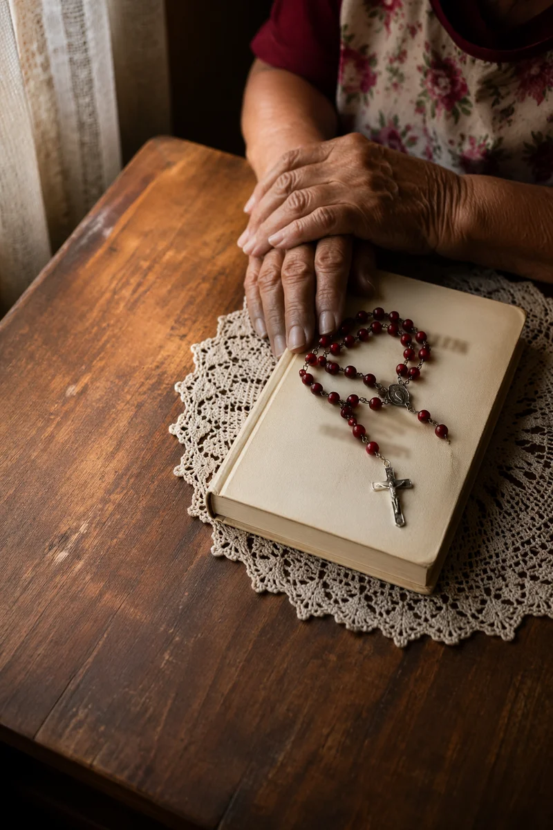 Hispanic Grandmother Rosary Prayer on Wooden Table