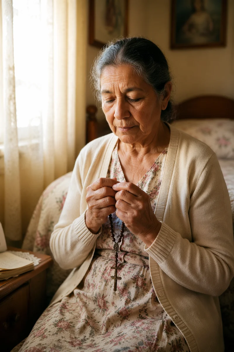 Hispanic Grandmother Praying with Rosary by Window