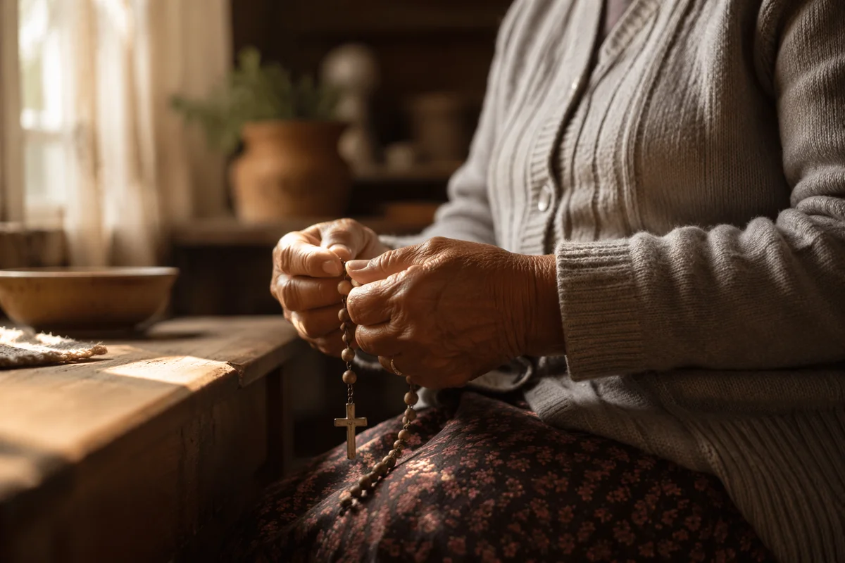 Hispanic Grandmother Holding Rosary in Morning Prayer