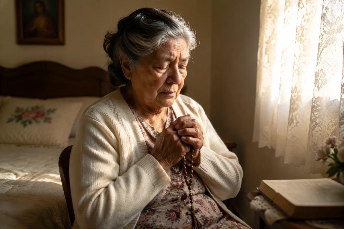 Elderly Woman Praying by Sunlit Window