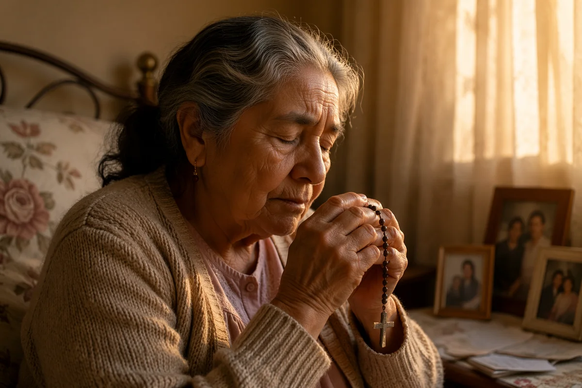 Elderly Woman Praying with Rosary at Dawn