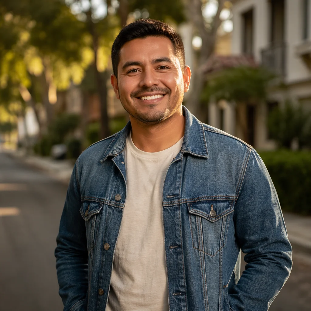 Friendly Latino Man on Tree-Lined Street