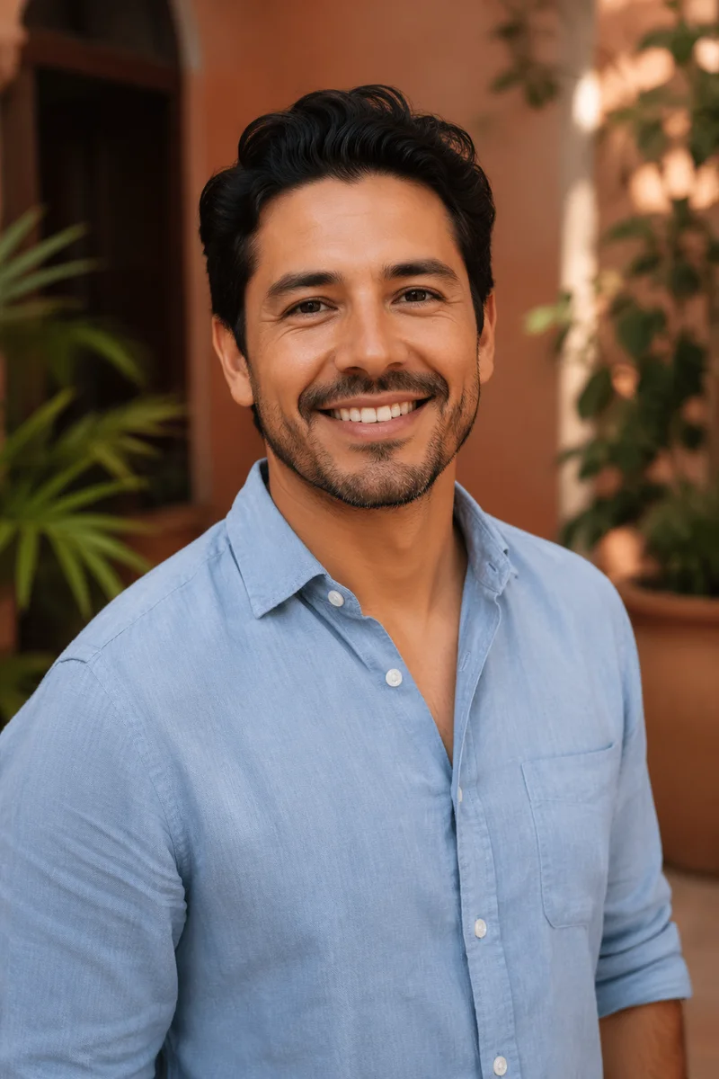 Friendly Latino Man in Urban Courtyard