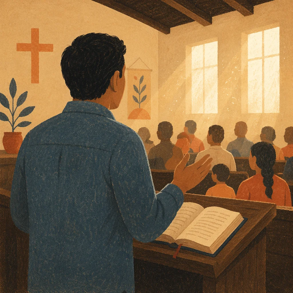 Hispanic Pastor Preaching in Spanish Chapel