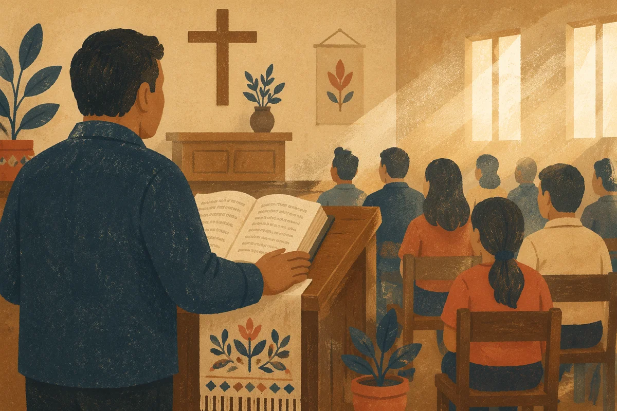 Hispanic Pastor Preaching in Community Chapel