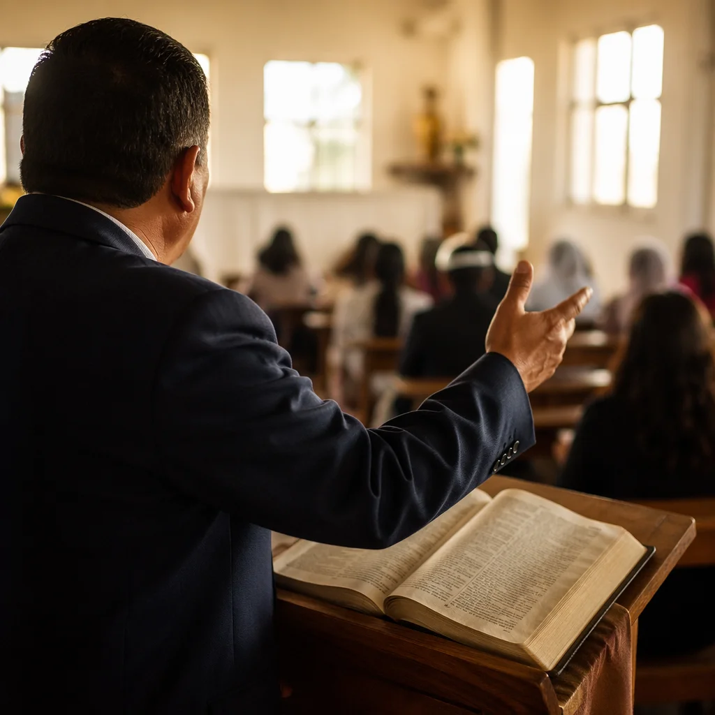 Hispanic Pastor Preaching from Spanish Bible