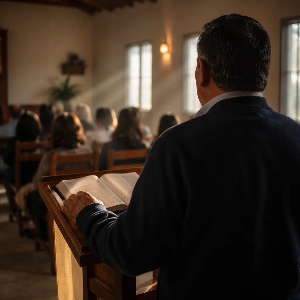 Hispanic Pastor Preaching in Community Chapel