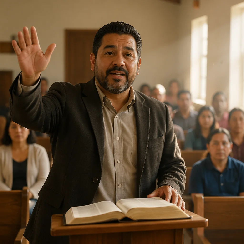 Hispanic Pastor Preaching from Spanish Bible