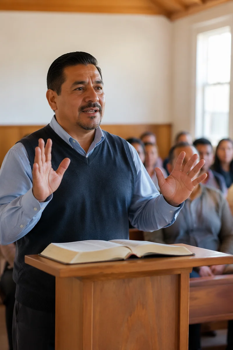 Hispanic Pastor Preaching in Community Church