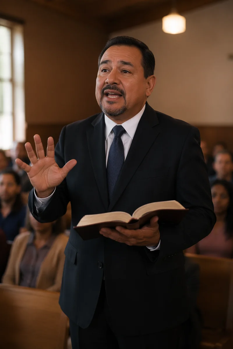 Hispanic Pastor Preaching with Open Spanish Bible