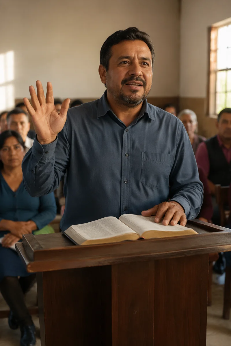 Hispanic Pastor Preaching in Sunlit Church Hall