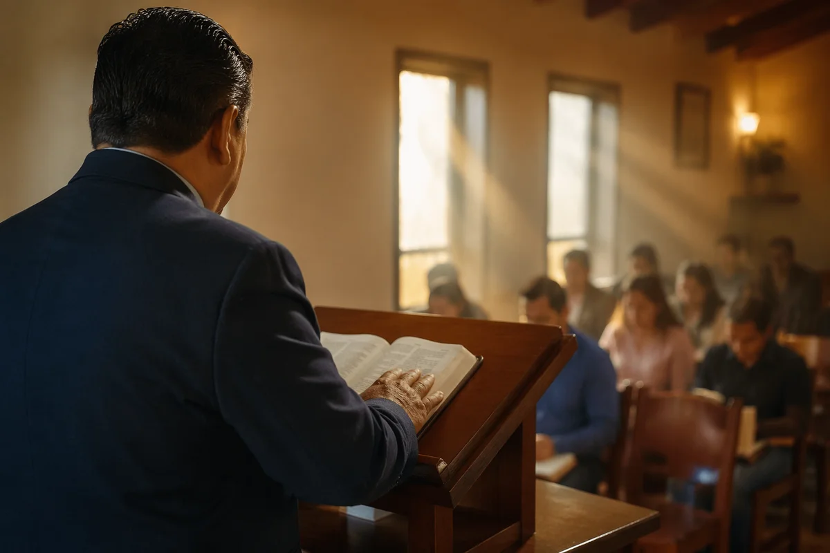 Hispanic Pastor Preaching from Spanish Bible