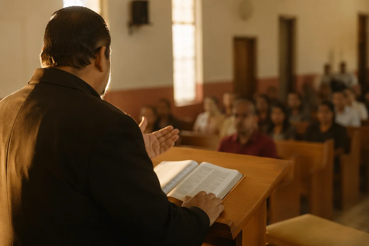 Hispanic Pastor Preaching from Spanish Bible