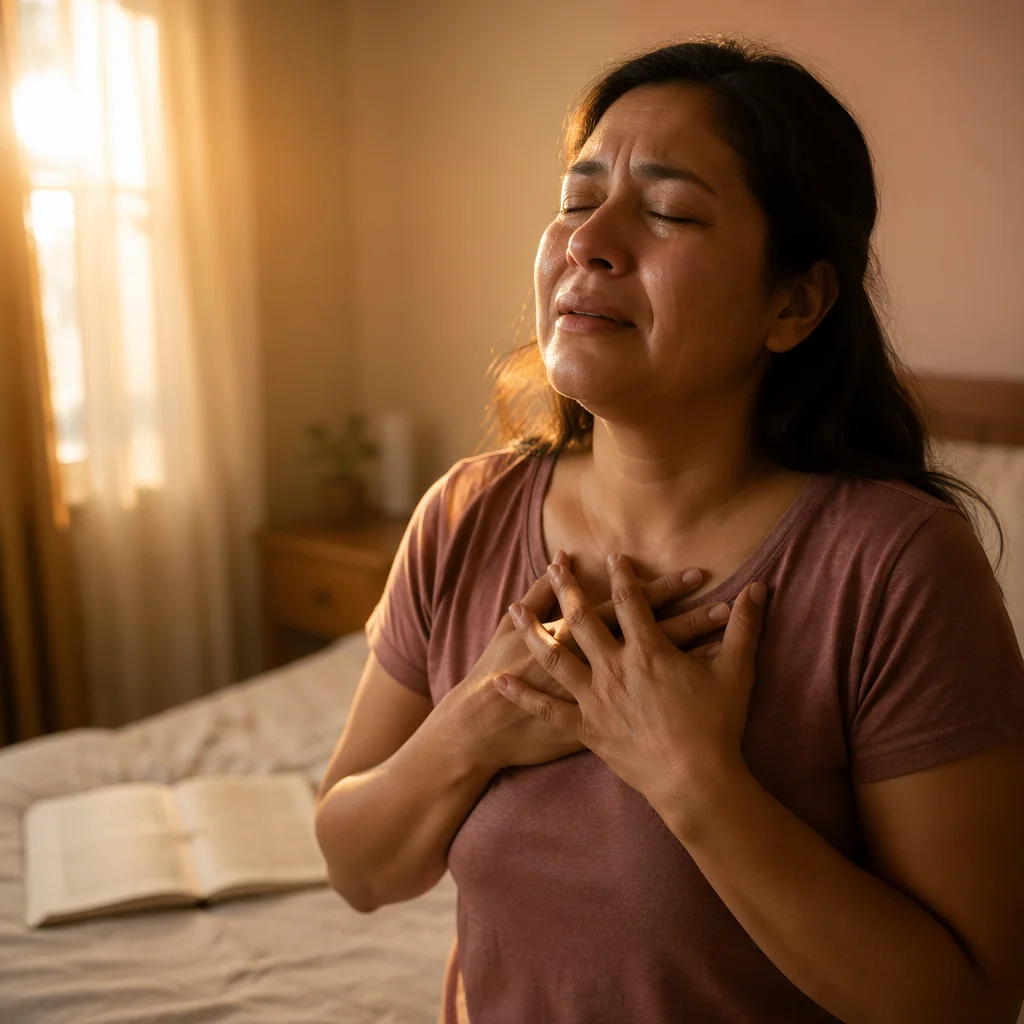 Latina Woman Praying in Sunlit Bedroom