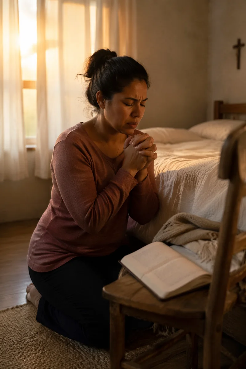 Latina Woman Praying Beside Bed at Dawn