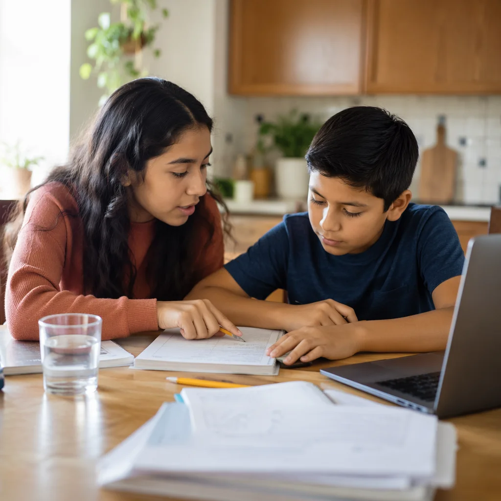 Hispanic Siblings Studying at Kitchen Table