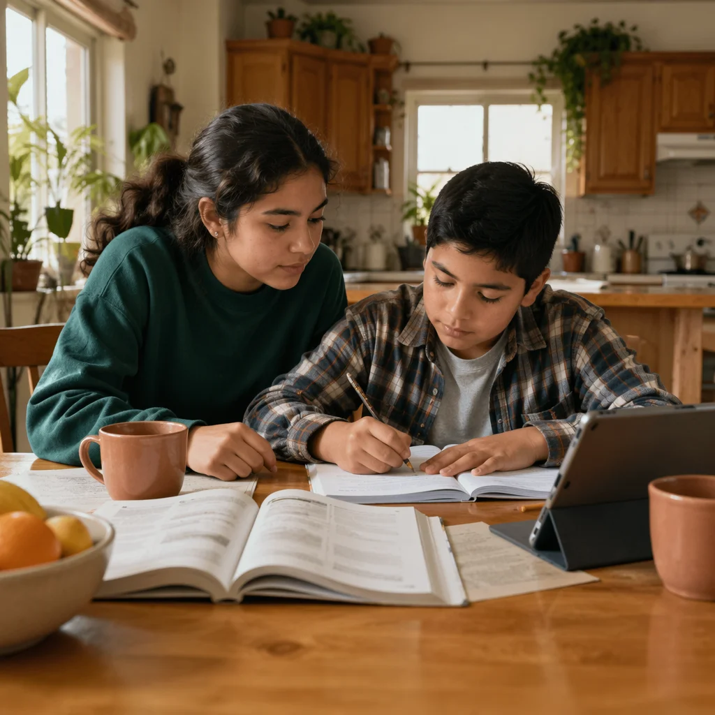 Hispanic Siblings Studying at Kitchen Table