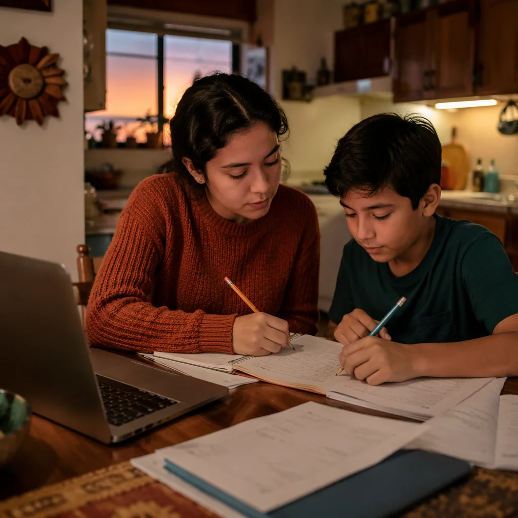 Hispanic Siblings Studying at Kitchen Table