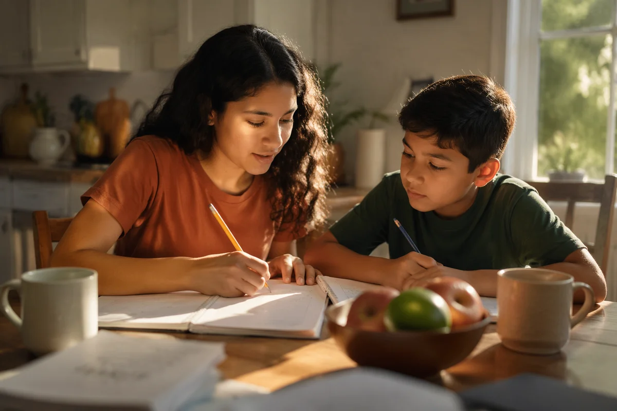 Hispanic Siblings Studying at Kitchen Table