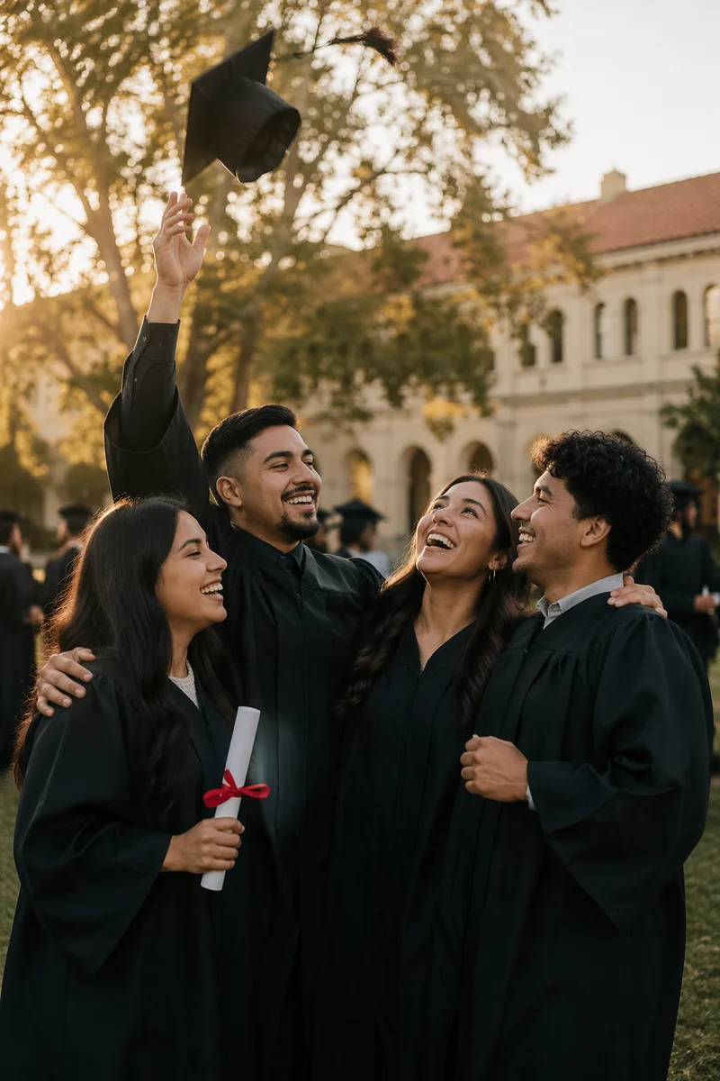 Hispanic Students Celebrating Graduation on Campus Lawn