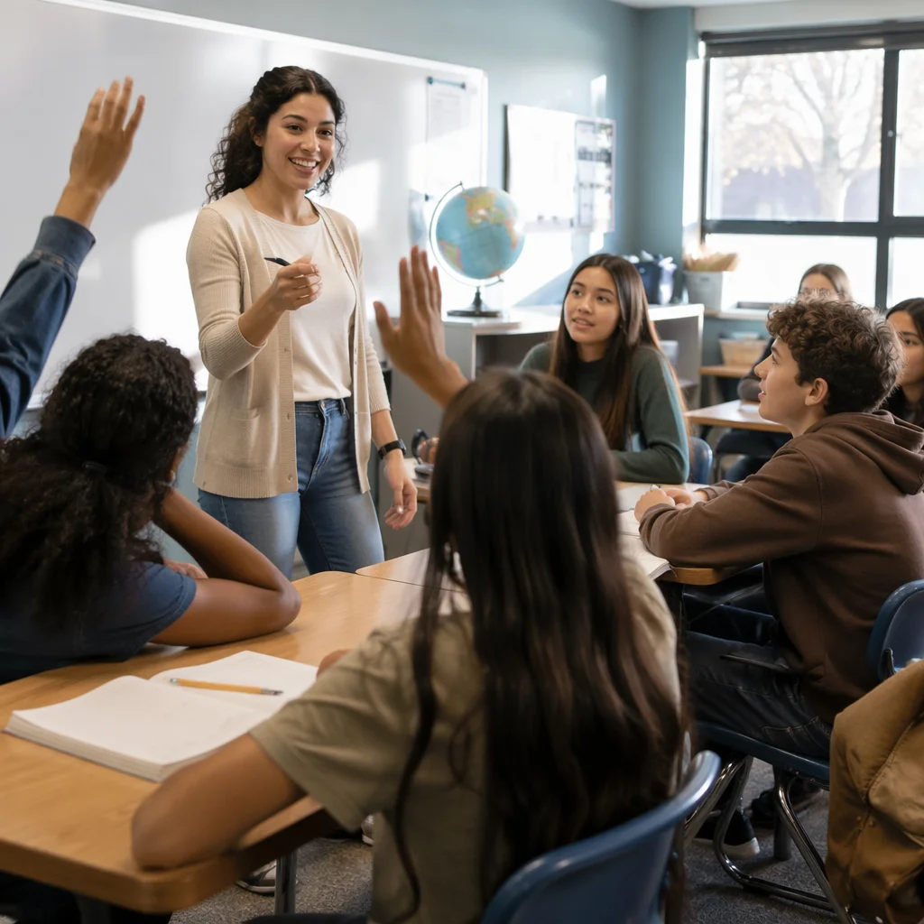 Teacher Engaging Students in Bright Classroom