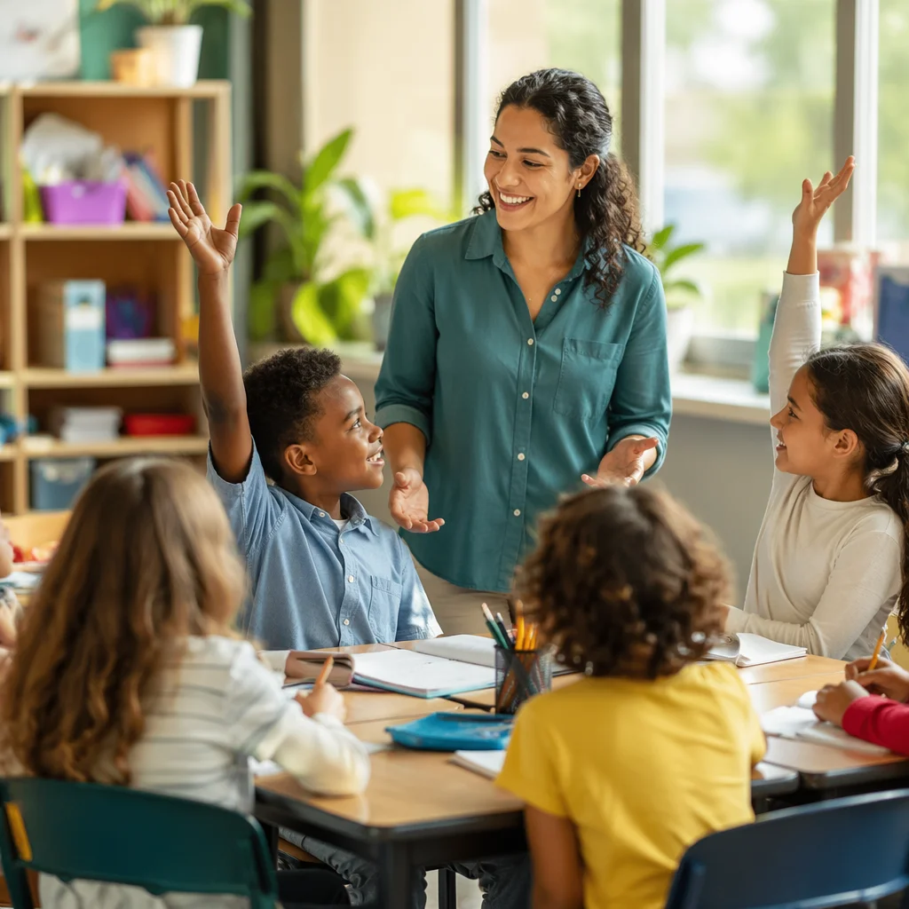 Hispanic Teacher Leading Engaged Classroom Discussion