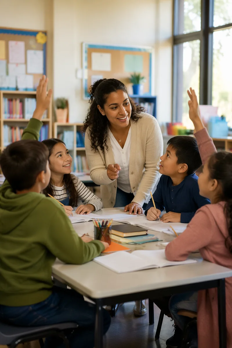 Teacher Guiding Engaged Students in Classroom