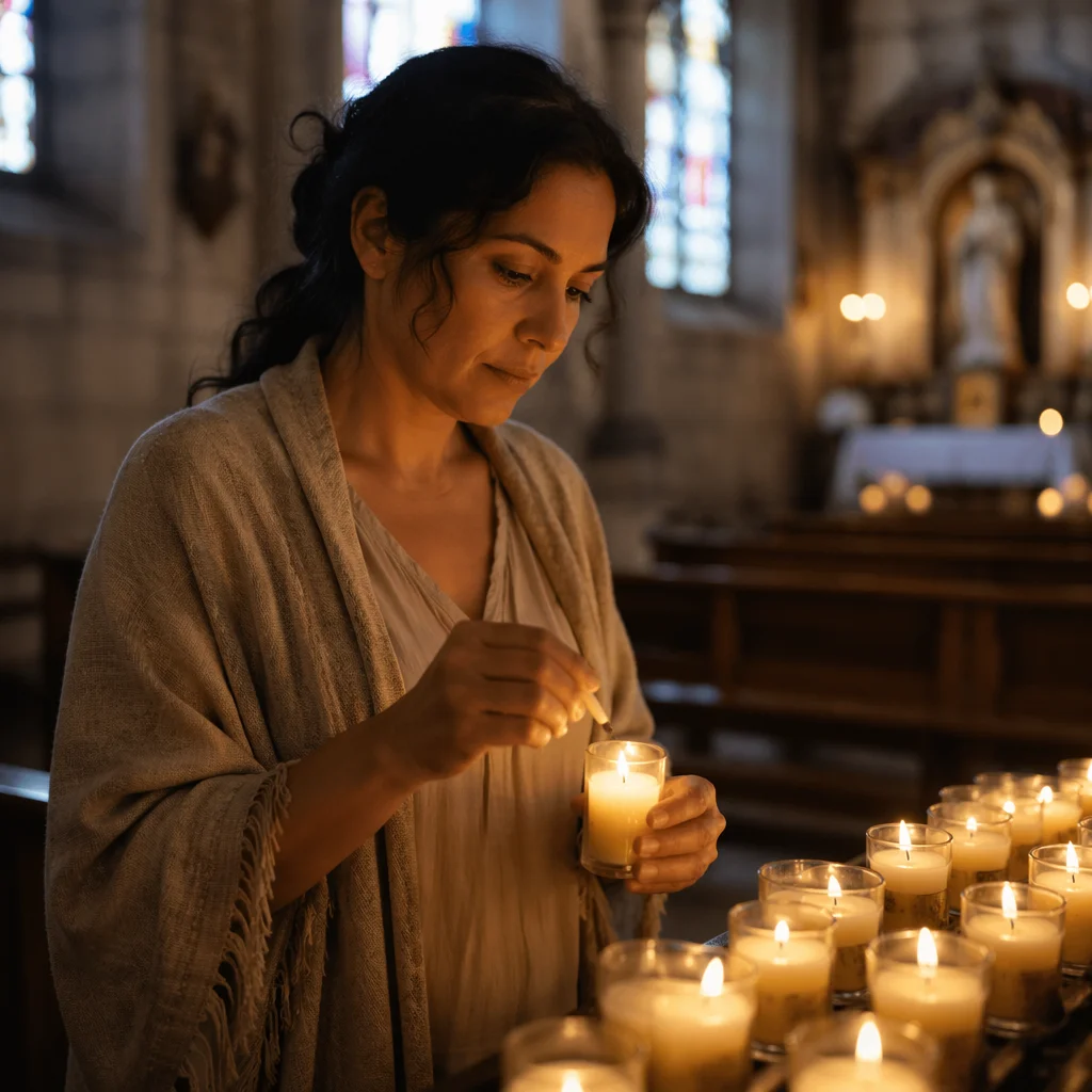 Woman Lighting Prayer Candle in Church