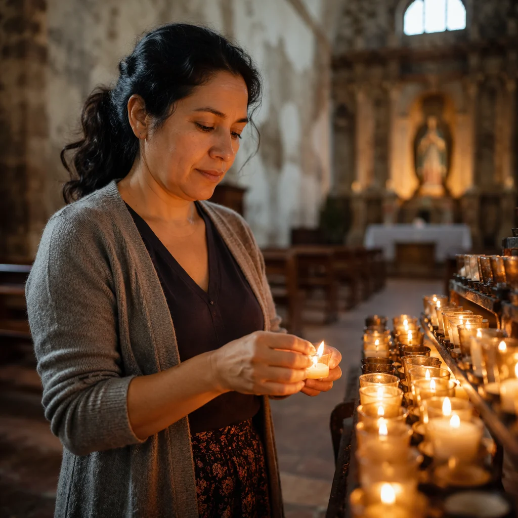 Woman Lighting Prayer Candle in Church