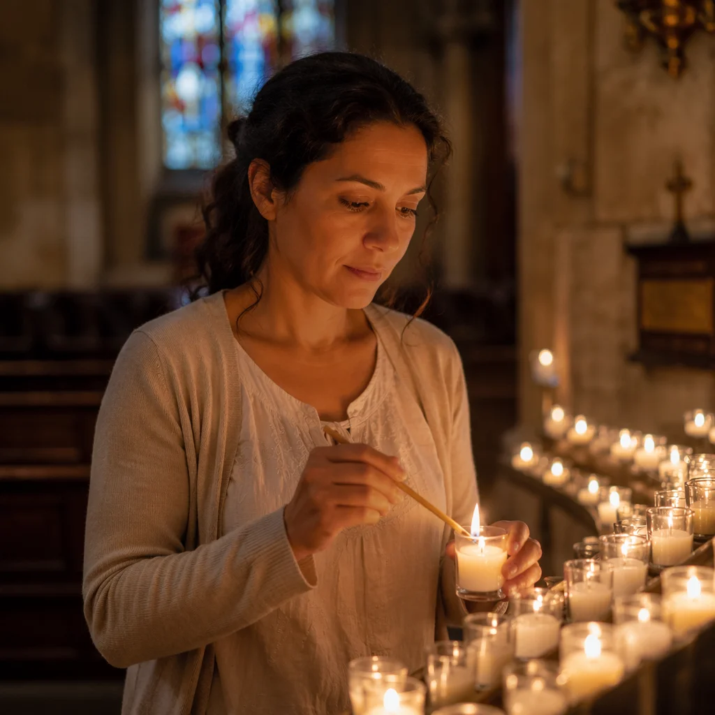 Hispanic Woman Lighting Candle in Church
