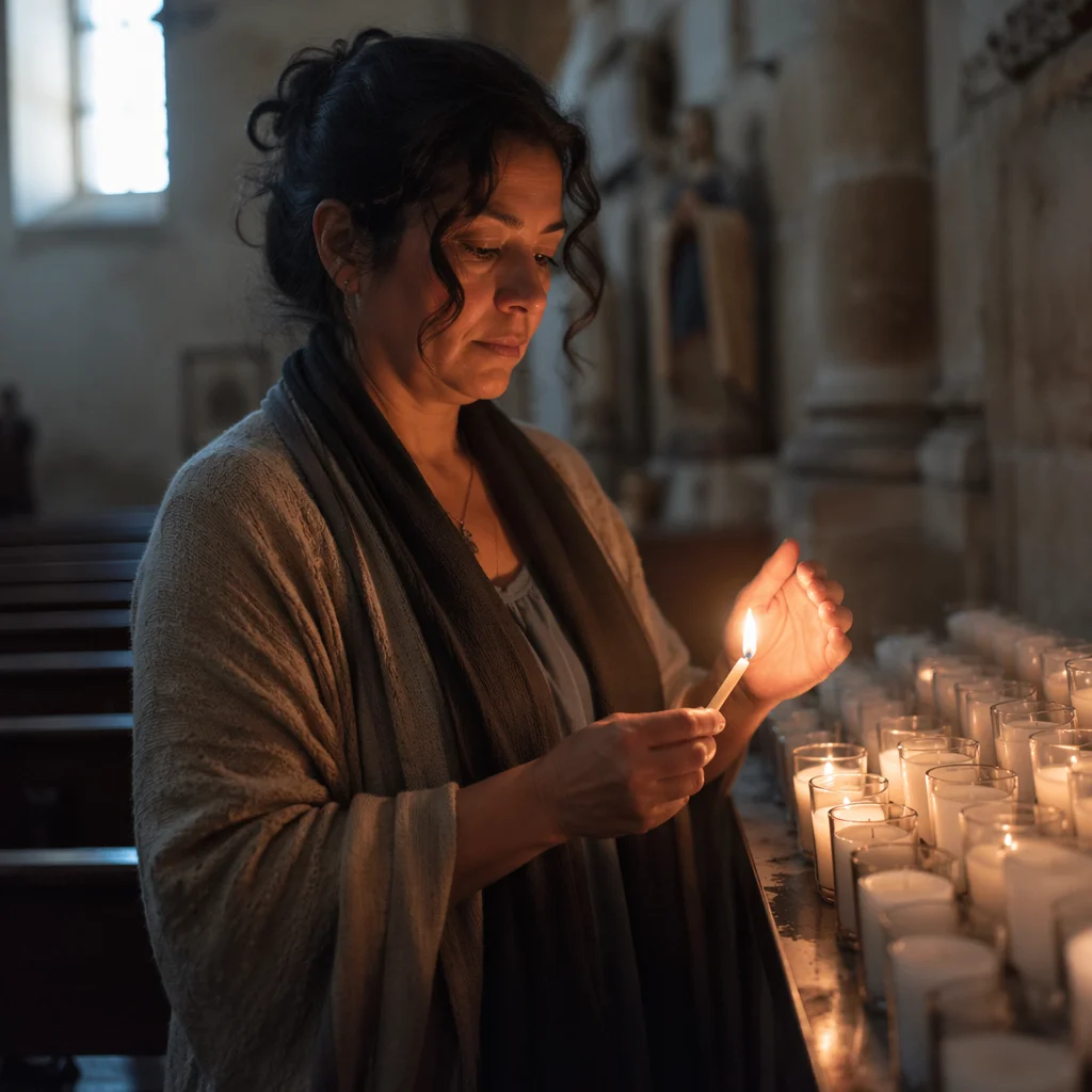Hispanic Woman Lighting Candle in Church