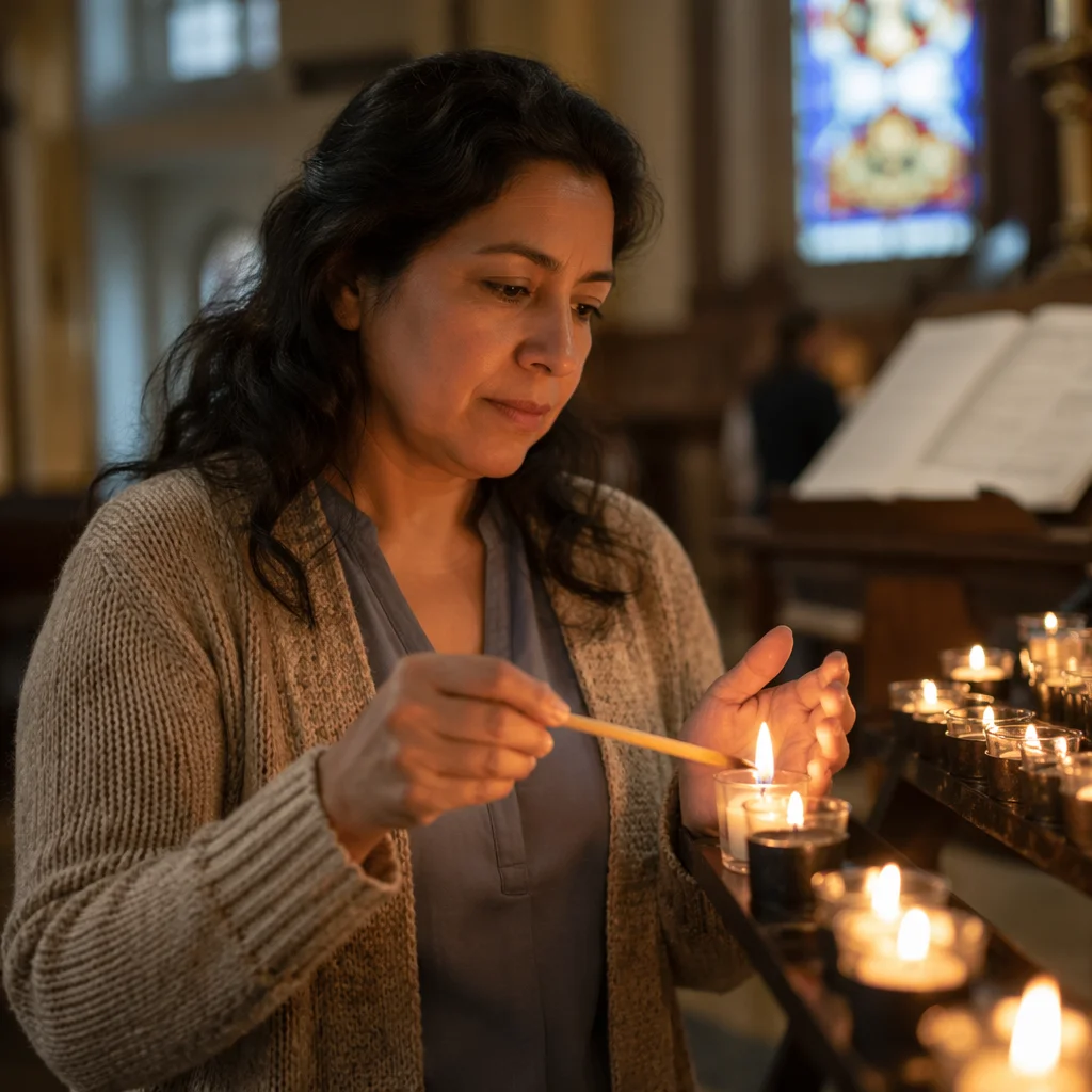 Woman Lighting Prayer Candle in Church