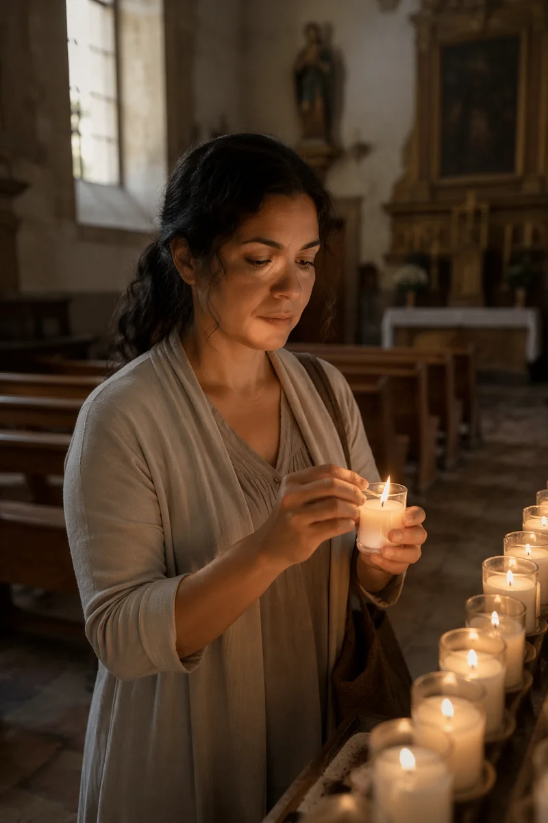 Woman Lighting Prayer Candle in Church