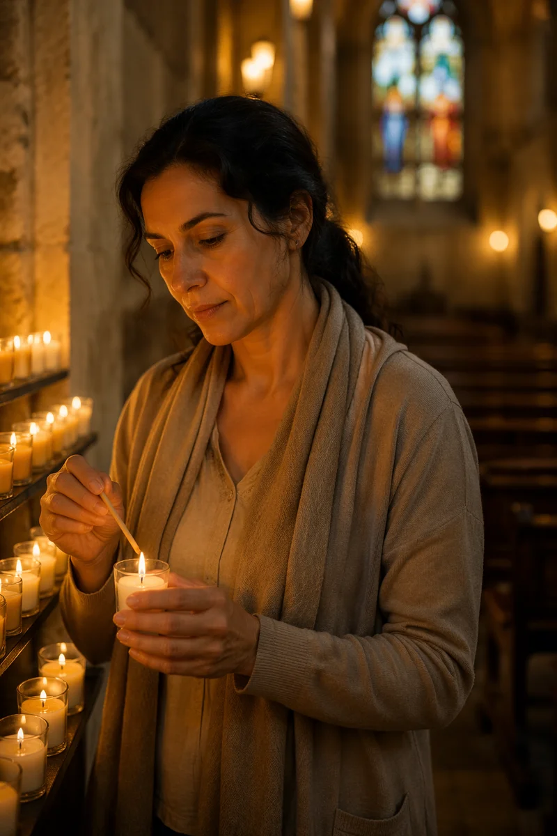 Hispanic Woman Lighting Candle in Church