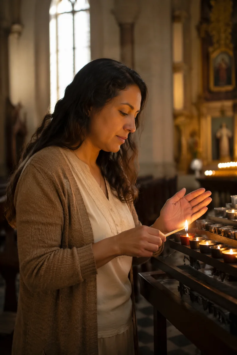 Hispanic Woman Lighting Candle in Church