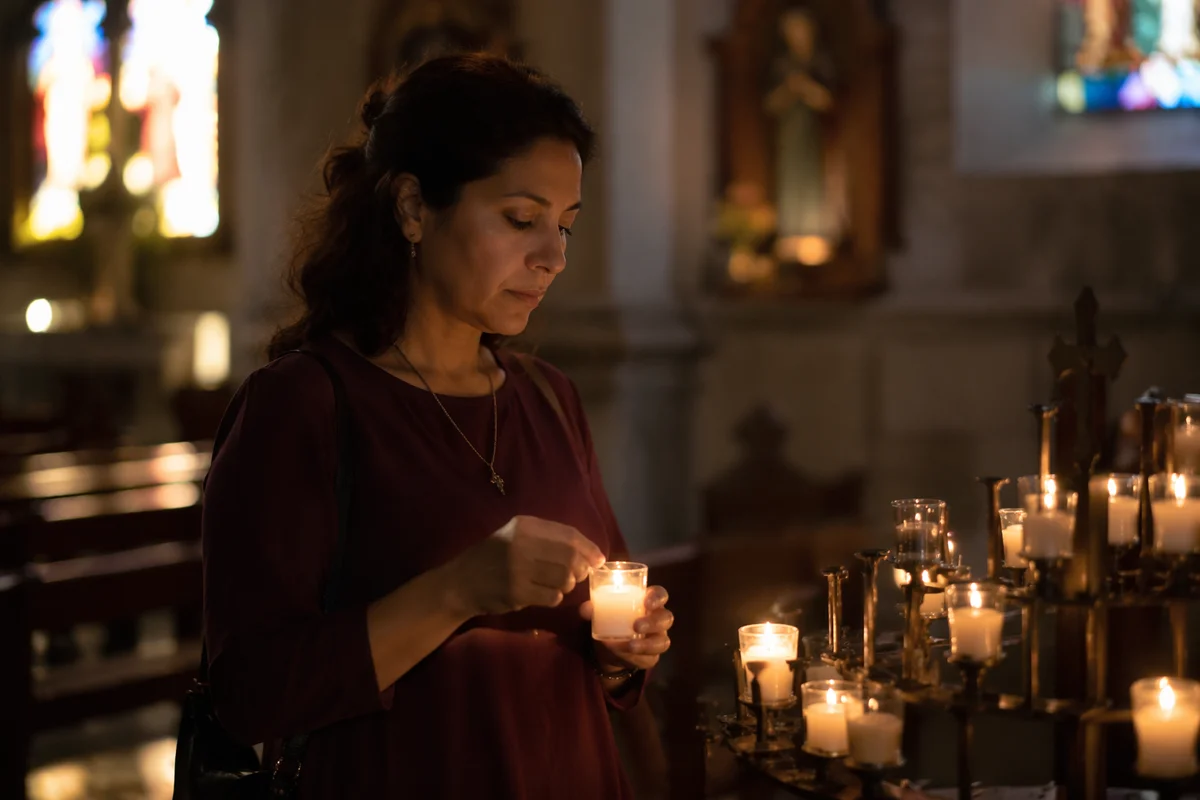 Hispanic Woman Lighting Candle in Church