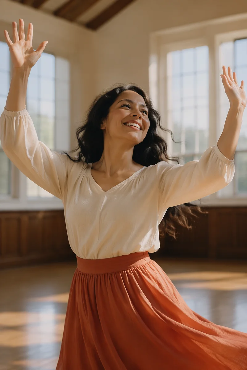 Joyful Woman Dancing in Sunlit Hall