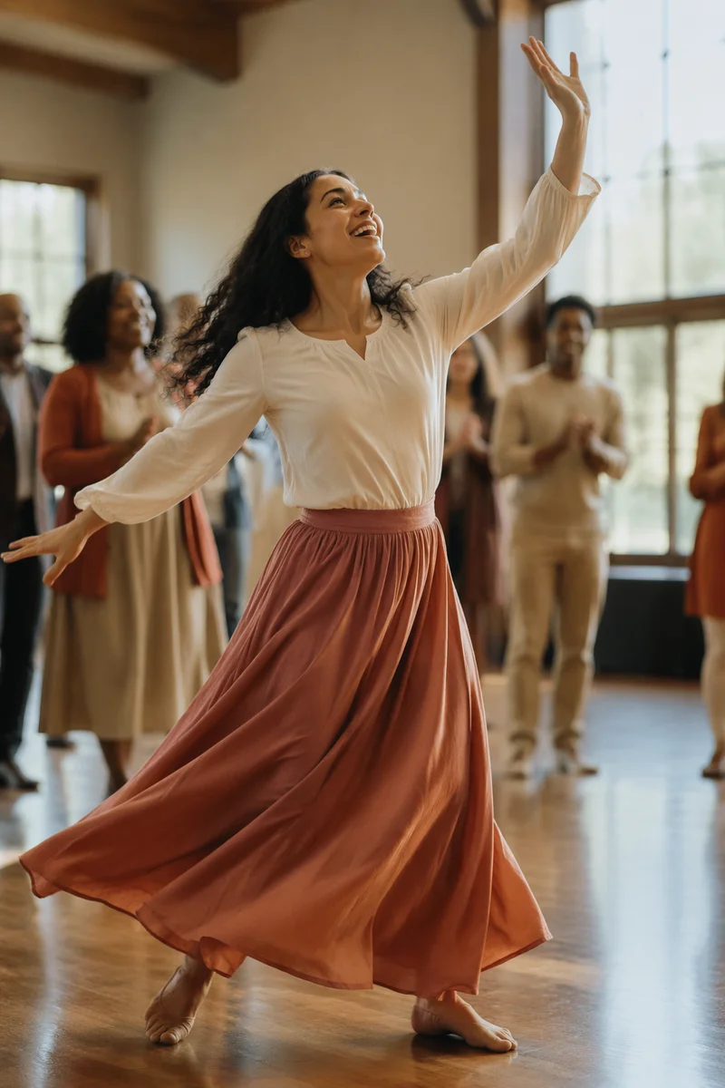 Joyful Woman Dancing in Sunlit Hall