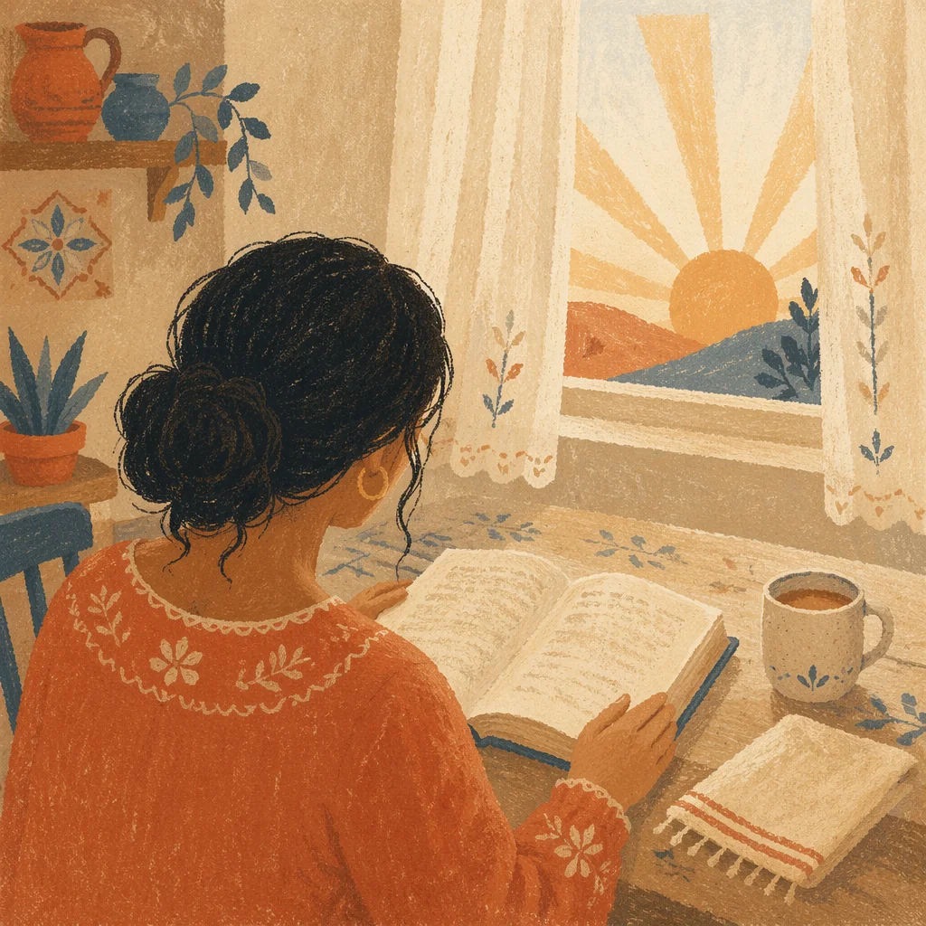 Hispanic Woman Reading Bible at Sunrise