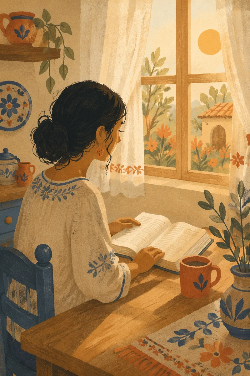 Hispanic Woman Reading Bible at Sunrise