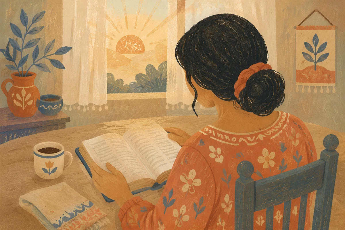 Hispanic Woman Reading Bible in Morning Light
